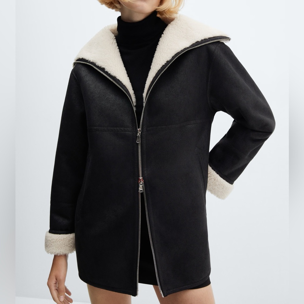 Mango Black and Cream Shearling Jacket
